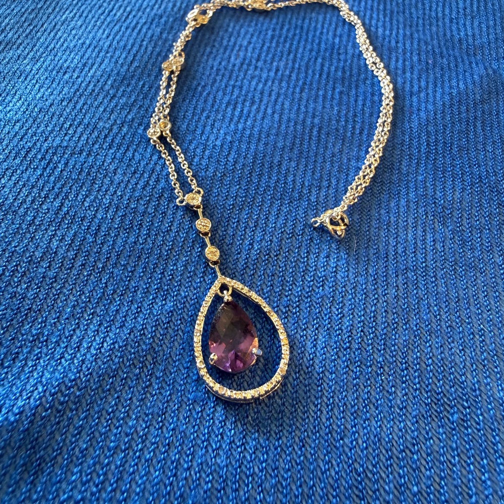 925 Silver and Amethyst Teardrop Necklace with Tiny Diamond accents.